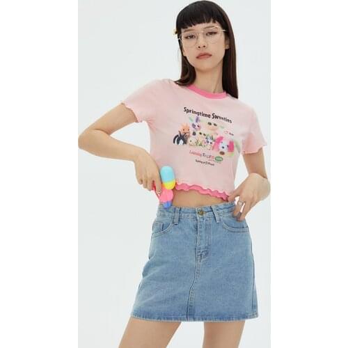 Cute Pink Y2K Aesthetic Crop Top T Shirt for Women Kawaii Girls Vintage 2000s Contrast Color Short Sleeve Cropped Y2K Cotton Tee