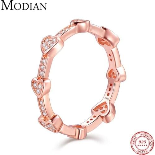 Modian 100% Genuine 925 Sterling Silver Rose Gold Color Ring Fashion Hearts Love Zircon Finger Rings For Women Wedding Jewelry