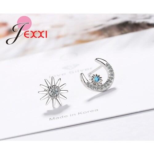 Moon Star Ear Stud Earrings 925 Sterling Silver Clear Blue Cubic Zircon Wedding Party Jewelry for Women Girls Birthday Gifts