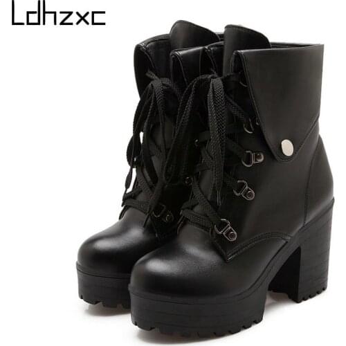 LDHZXC Size 34-43 New Woman Pu Leather Ankle Boots Lace Up Shoes Woman Short Winter Warm Boots Platform Heels Footwear