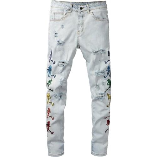 New Mens High Street Summer Male Light-colored Destroyed Washed Hole Jeans Skull Ghost Embroidered Pants Ripped Trousers 673
