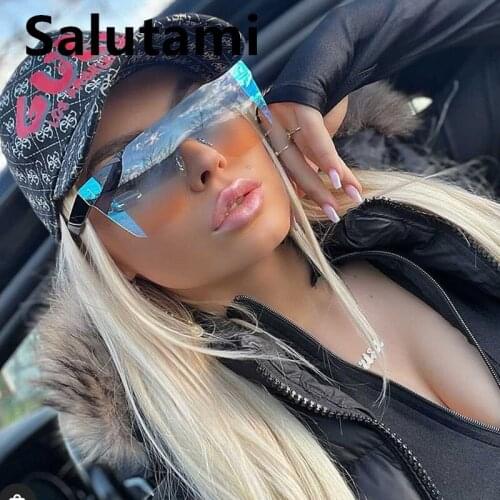 New Fashion Brand One Pice Rimless Sunglasses For Women Oversized Square Blue Yellow Sun Glasses Female Elegant Patchwork Shades