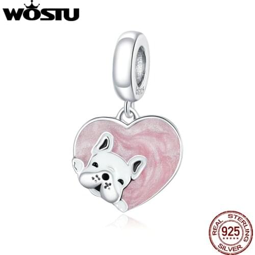 WOSTU Pink Heart Dog Charm 925 Sterling Silver Doggy Bead Pendant Fit Original Bracelet Necklace For Women DIY Jewelry CTC360