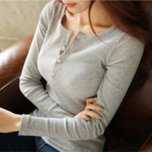 Button Casual Tops Slim T Shirt For Women Casual Spring Autumn Clothing Tee Tops O-Neck Long Sleeve Solid Color T Shirt