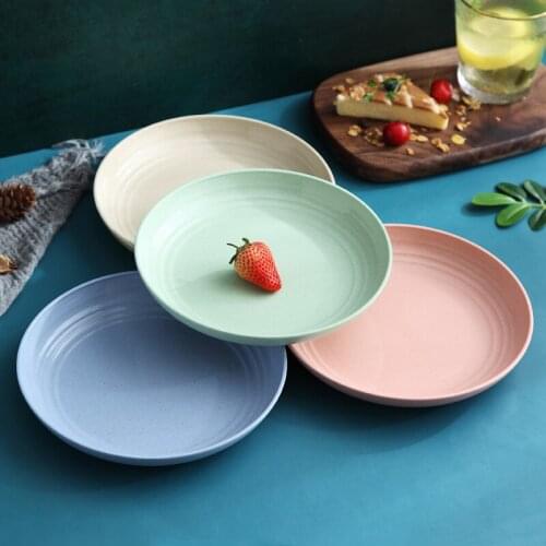 Wheat Straw Food Trays Dinner Fast Food Plates Chinese Dumpling Serving Dish Round Snack Fruit Cake Picnic Plates Tableware 4pcs