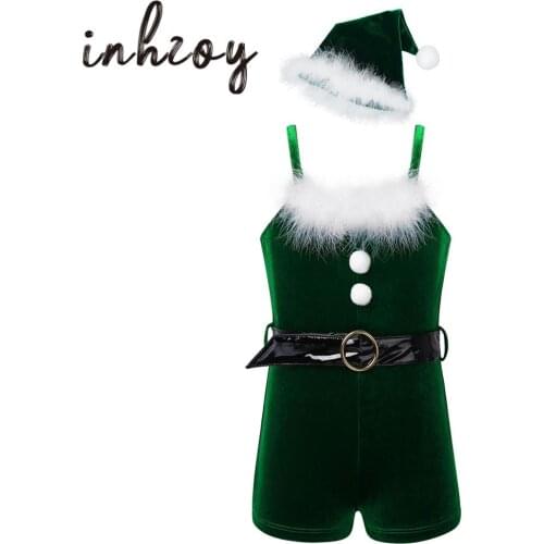 Christmas Cosplay Party Outfits Kids Girls Clothes Velvet Leotard Jumpsuit Dance Biketard With Hat Santas Helper Dance Costume