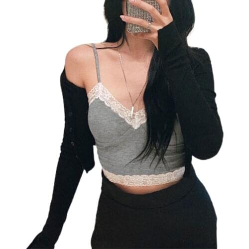 Sexy Casual Lace Patchwork Knitted Gray Camis Basic Crop Top Women Sleeveless V Neck Slim Fit Club Holiday Fashion Tank Tops