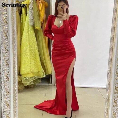 Sevintage Red Mermaid Evening Dress Satin Long Sleeves Prom Party Gowns Pleats Plus Size Formal Women Special Occasion Dresses