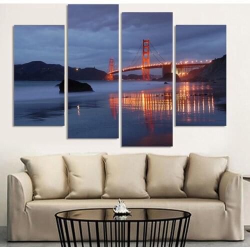 4 Piece Modern Wall Painting Golden Gate Bridge Night Landscape Canvas Paintings Wall Art Picture Wall Art Home Decoration
