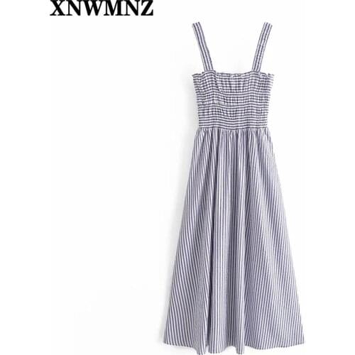 XNWMNZ 2021Vintage Long Striped Summer Dress Women Wide Straps Sleeveless Beach Dresses Woman Smocked Elastic Blue Pleated Dress
