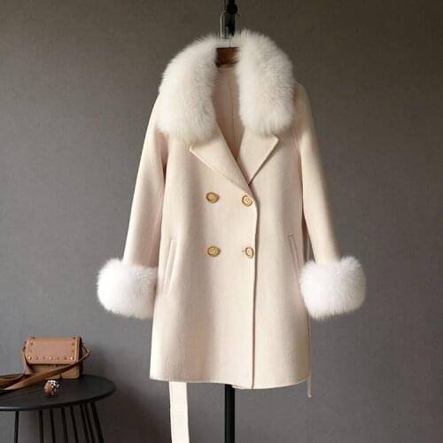 Womens Classical Double Breasted Wool Jacket With Belt Jaqueta Feminina Real Fox Fur Collar Lace-up Slim Winter Coat For Lady