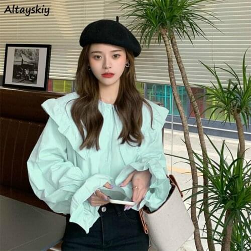 Shirts Women Peter Pan Collar Ruffles All-match Trendy Elegant Office Ladies Loose Streetwear Ins Simple Solid 2021 Spring Fall