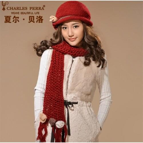 Charles Perra Women Hat Scarf Sets Winter Thicken Wool Knitted Hats Casual Fashion Pure Handmade Woven Woolen Cap Beanies 6580