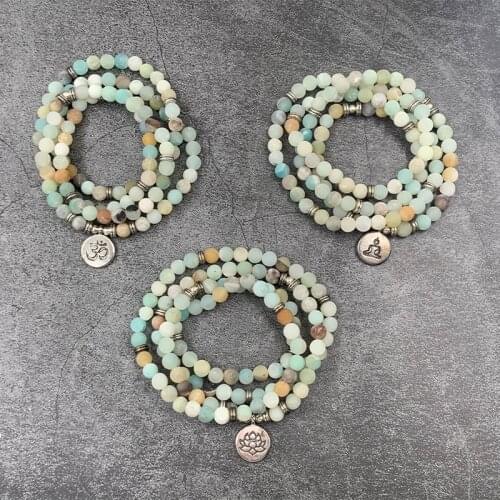 Women`s Bracelet Matte Frosted Amazonite Beads with Lotus OM Buddha Charm Yoga Bracelet 108 Mala Necklace Dropshipping