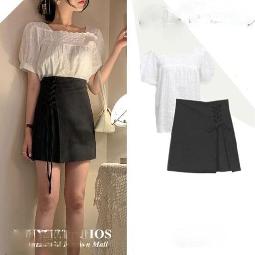 Summer Suit Female 2021 New French Retro Lace Shirt + Black Short Skirt Two-piece Suit