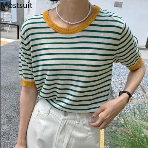 Summer Striped Knitted Pullover Knitwear Women Short Sleeve O-neck Sweater Tops Casual Korean Vintage Ladies Jumpers Femme 2021