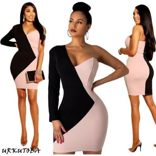 Women Fashion Sexy V Neck Long Sleeve One-Shoulder Dress Black Pink Contrast Color Asymmetric Patchwork Short Slim Mini Dress