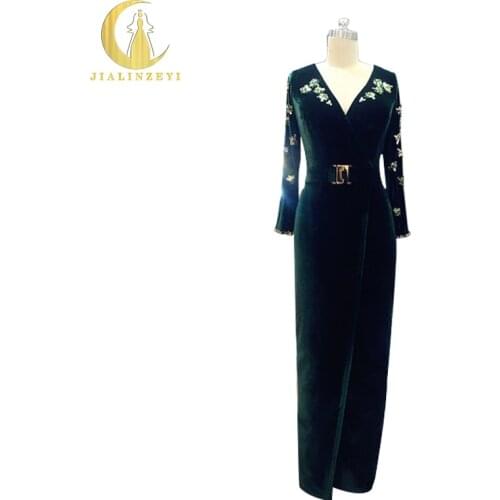 Professional New Arrival Sexy Long Sleeves V Neck With Gold Crystal Straight Ankle Length Mother dresses Evening Dress 2020