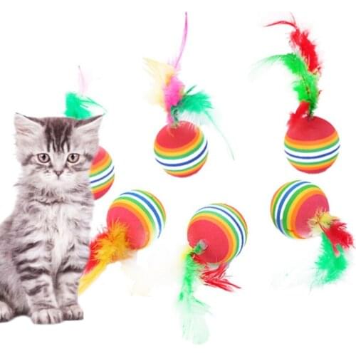1 Pc Rainbow Ball with Feather Light Foam Throwing Funny Interactive Playing Chew Toy Pet Supplies