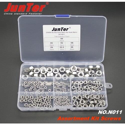 210pcs M2 M2.5 M3 M4 M5 M6 M8 DIN934 A2 Stainless Steel Hex Nuts Metric Assortment Kit NO.N011