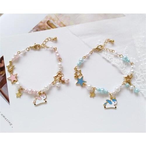 Sweet Lolita Girl Jewelry Accessories Unicorn Pendant Pearl Chain Bracelet D159