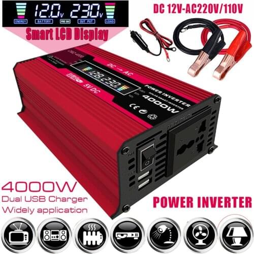 Peak 4000W Car Power Inverter 12V to 110V 220V with LED Display Dual USB Adapter Voltage Transformer Modified Sine Wave