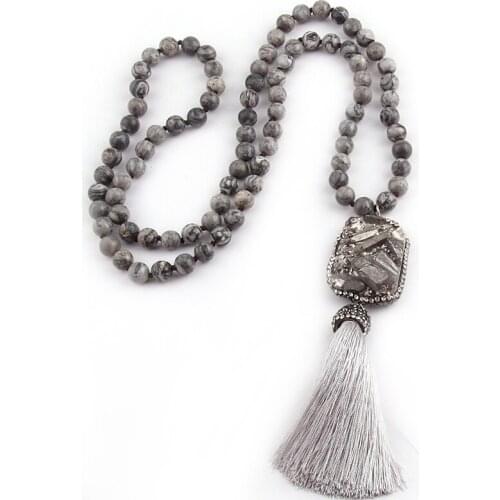 Free Shipping fashion Grey Natural stone Crystal Pave Tassel Charm Pendant Necklace Handmade Women Jewelry