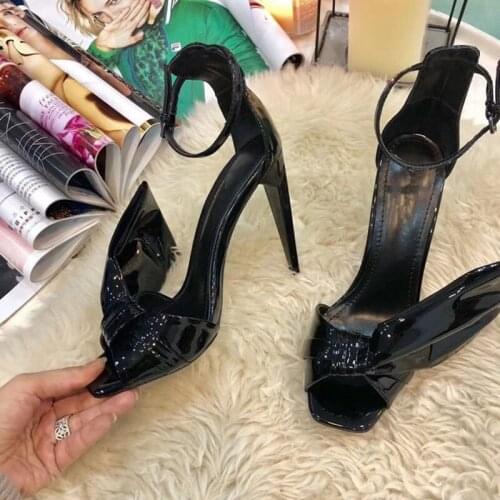 Summer Sexy Women Butterfly Knot Sandals Patent Leather Spike Thin High Heels Peep Toe Bowtie Ankle Strap Sandalias