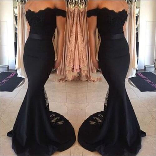 Black Sexy Lace Mermaid Prom Dress 2019 Off the Shoulder Sleeveless Evening Gowns Sweep train Vestido De Renda Festa Longo 2018