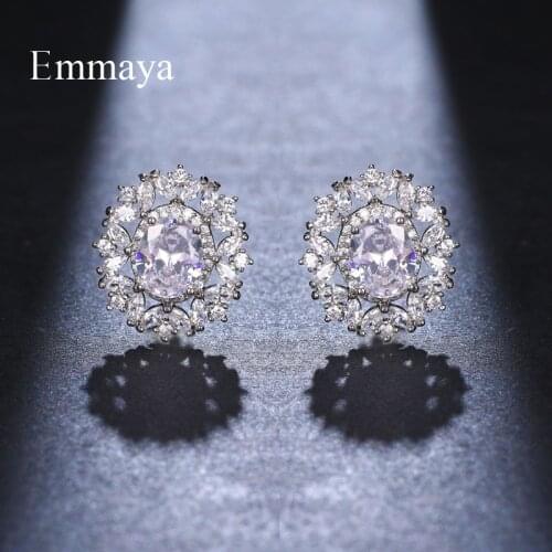 Emmaya Exquisite Stud Earring Flower Round Shape For Female Elegant Ornament With Four Color Cubic Zircon Bridal Wedding Jewelry