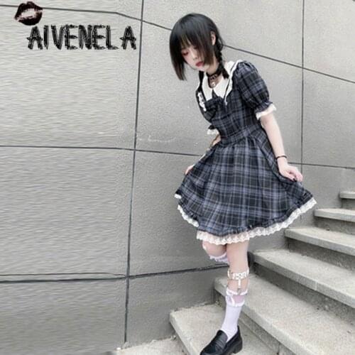 Gothic Plaided Dress Summer Harajuku Women Short Sleeve Vintage Doll Collar Dresses Female Vestidos AFC1048