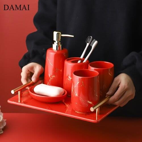 Natural Marble Ceramic Bathroom Decoration Accessories Red Five Piece Set Hotel Restroom Wash Set Household Bathroom Supplies