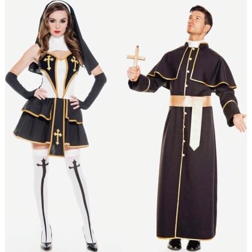 Adult Halloween Cosplay Costumes Middle Ages Vintage Style Black Preacher Nun Sets Masquerade Cosplay Clothing Couple Outfit