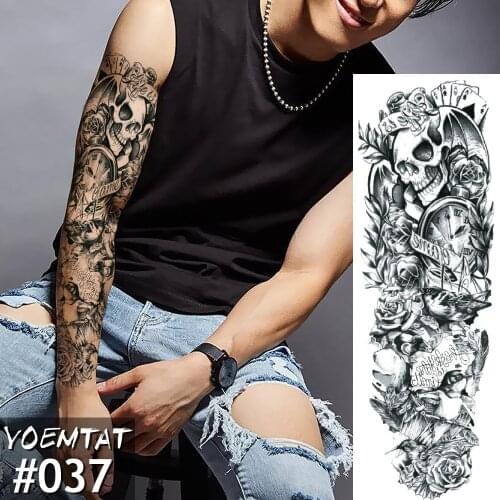 New 1 Piece Temporary Tattoo Sticker Skull clock Full Flower Tattoo with Arm Body Art Big Large Fake Tattoo Sticker