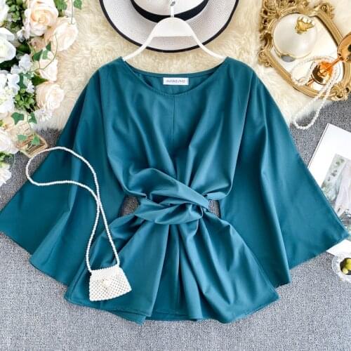 Autumn Women O-Neck Flare Sleeve Cross Front Soft Fabric Ruffles Pleated Shirt Lady Elastic Slim Waist Pullover Chic Blouse Tops