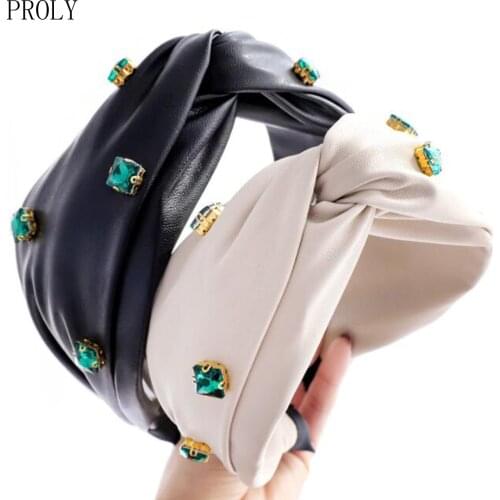 PROLY New Fashion Women Headband PU Leather Hairband Female Wide Side Cross Knot Rhinestone Headwear Hair Accessories
