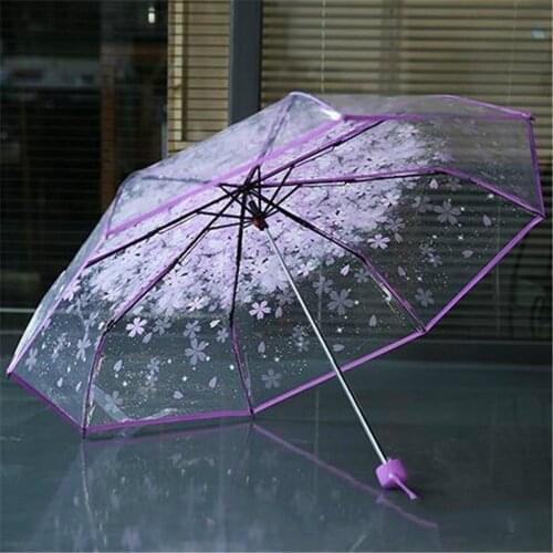 Transparent Clear Umbrella Handle Windproof 3 Fold Umbrella Cherry Blossom Mushroom Apollo Sakura women Girls Umbrella 19OCT24
