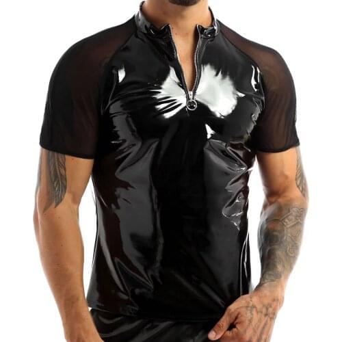 Pvc Leather Short Sleeved Shirt Mens Sexy Glossy Erotic Shaping Sheath Latex Bodycon Patent Leather Jacket Tops Mesh Perspective