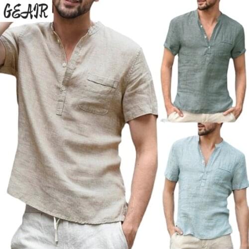 Loose Oversized Cotton Linen Short-sleeved Mens T-shirt Collar Buckled Half-open Shirt Korean Fashion Men Clothing 2020 New