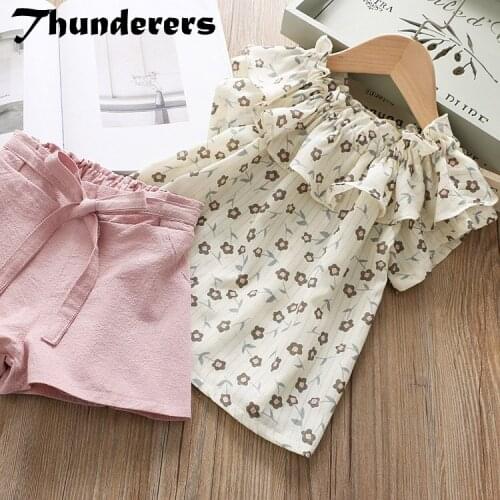 Thunderers Elegant Girl Clothing Set Cotton Lotus Leaf Collar Shirt With Short Pants Children 2pcs Outfits Todder Baby Clothes