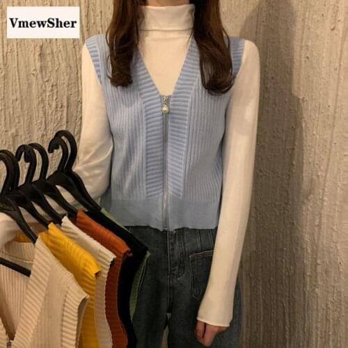 VmewSher New Autumn Spring Women Sweater Vest Zipper Cardigan V Neck Harajuku Sleeveless Solid Knit Pullover Female Jumper Top