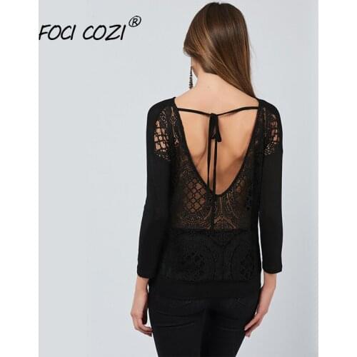 Women Clothes 2019 Oversized T Shirt Women Lace Top Mesh Women`s Cotton T-shirt Long Sleeve Black T-shirt Female Tee Shirt Femme