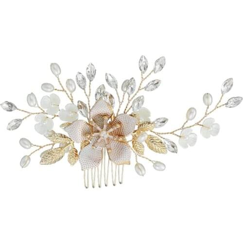 Crystal Pearl Flower Bridal Wedding Hair Comb Clip Gold Color Hair Pins for Women Accessories Bride Headpiece Jewelry Ornaments