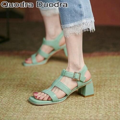 New summer Sandals women shoes open toe chunky thick high heels chunky green Ladies Female buckle fashion solid Big Size 33-43