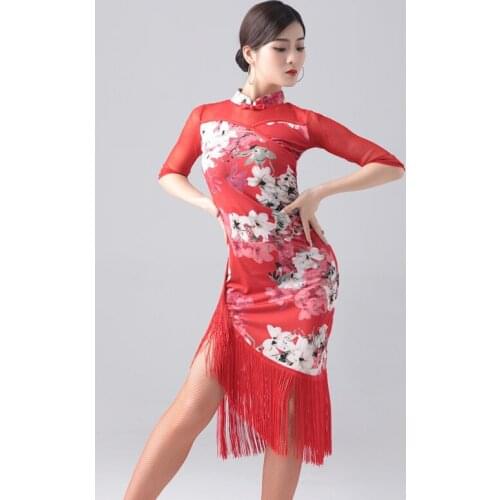 Latin Dance Dress For Women Red/Blue/Black Fringe Practice Cheongsam Latin Competition Dress Rumba Tango Samba Costumes DQL3212
