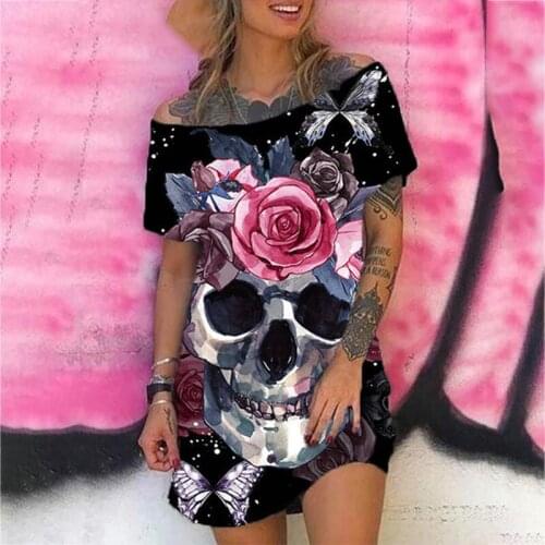 2021 Summer Sexy Off Shoulder Skulls Print Women Dress Fashion Slash Neck Short Sleeve Cotton Blend Loose Vintage Dress