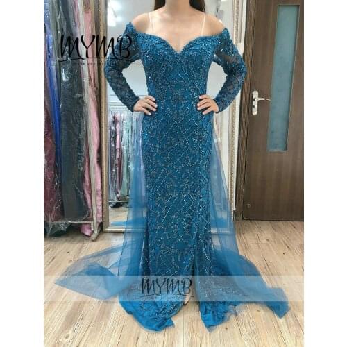 Long Sleeve Sweetheart Off The Shoulder Handmade Beading Teal Color Evening Dress Women Party 2021 MY41112