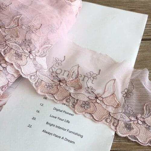 17Yards Light Pink Mesh Floral Embroidered Lace Trim Lingerie Costume Sewing Fabric Curtains Clothes Accessories 95mm Width