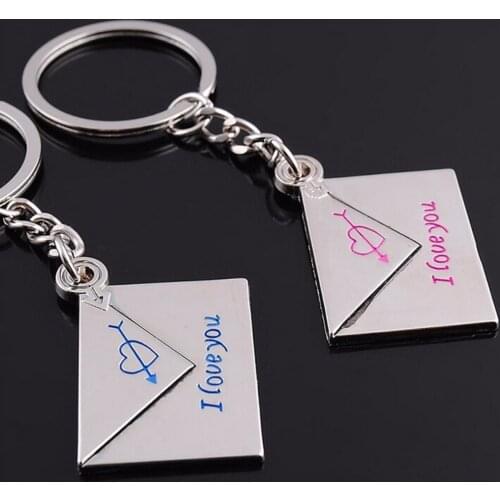 2 pcs=1 pair Lovers Keyrings Envelope "I love you" Engraved Cupids Arrow Heart Keychains