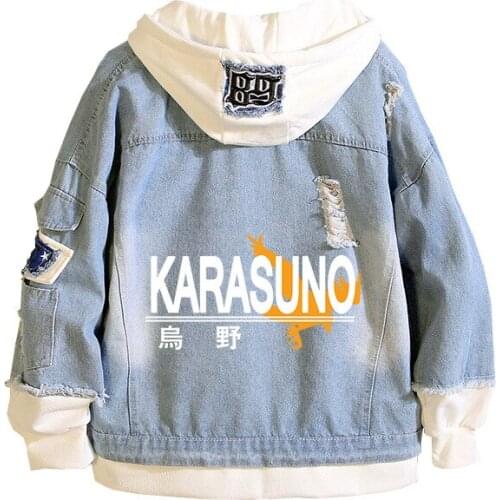 4XL PlusSize Denim Jacket Karasuno Volleyball Club Cosplay Coat Spring Autumn Ripped Hooded Sweater Hinata Shoyo Costume Outwear